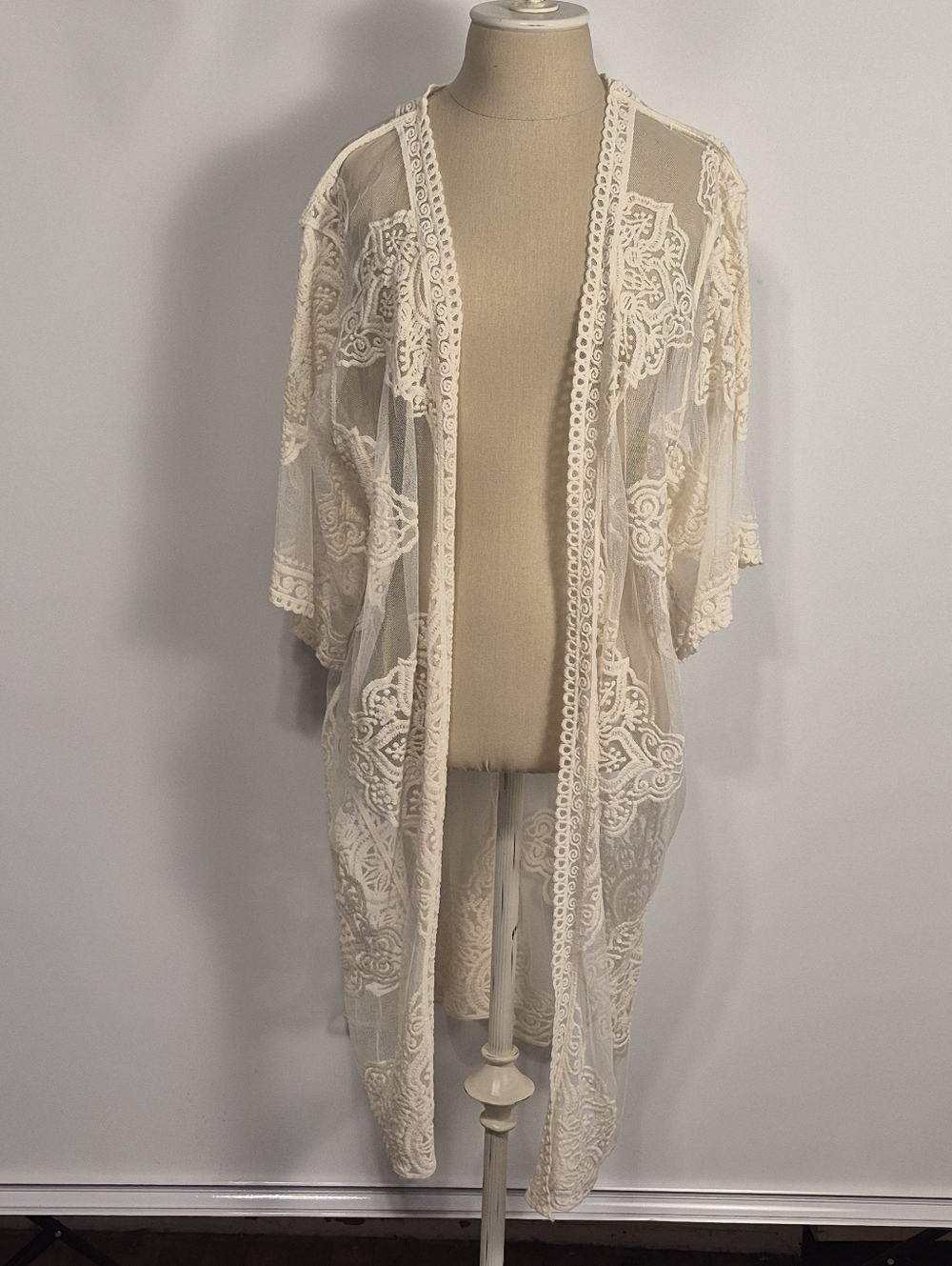 Boho Ivory Lace Sheer Kimono Duster Cardigan Cover-Up L/XL